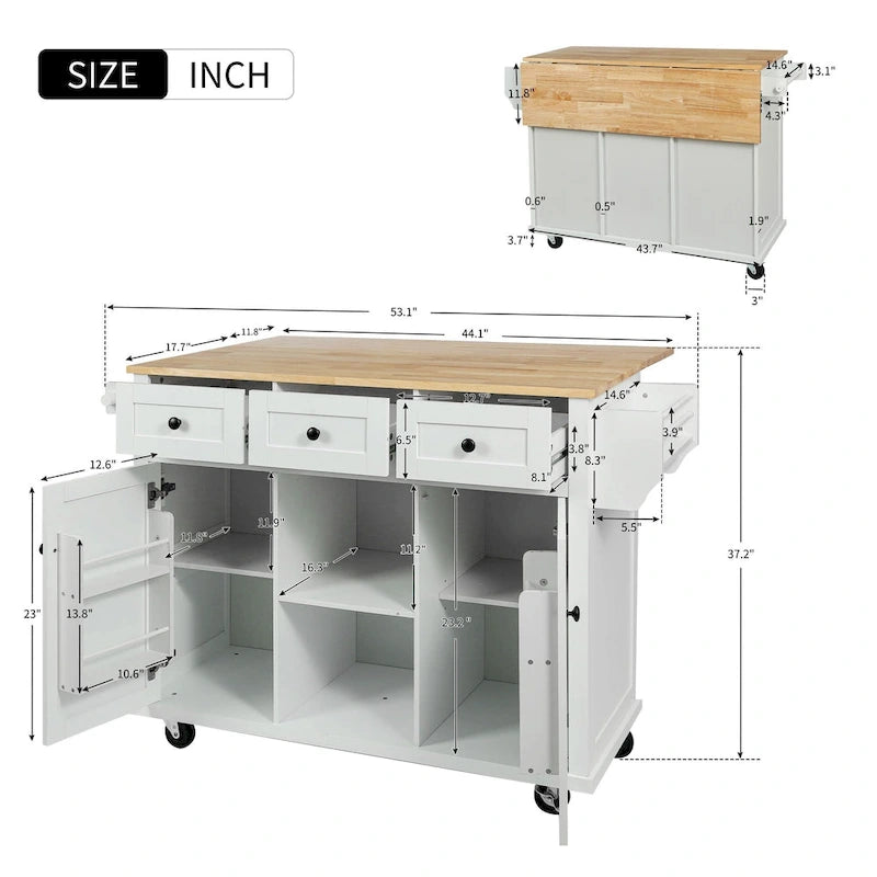 White Rolling Kitchen Island Cart with 5 Wheels Drop Leaf Rubberwood Top 3 Drawers and Spice Rack