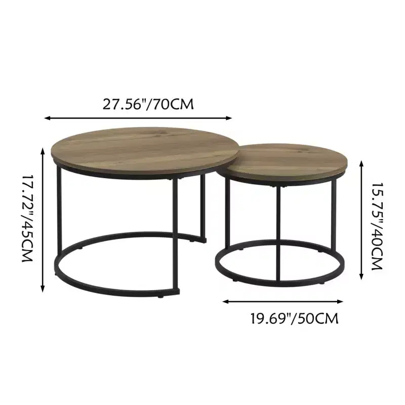 Nesting Coffee Table Set of 2, 27.6inch Round Coffee Table Wood Marble Pattern Top with Sturdy Metal Frame, End Table Side Tables