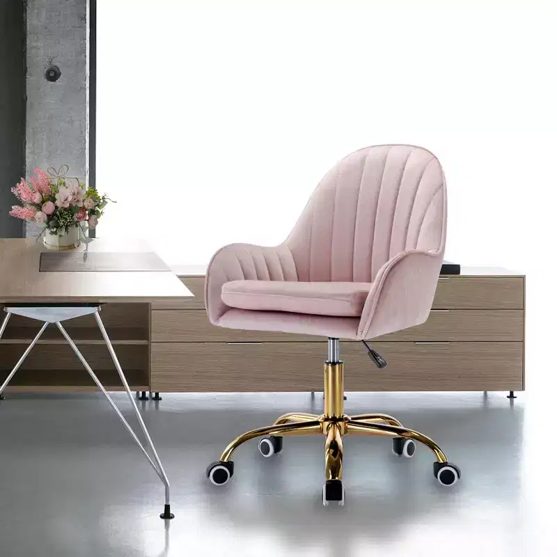 Velvet Office Chair, Cute Desk Chair with Golden Metal Base, Vanity Chair for Living Room, Vanity Room, Study, Pink