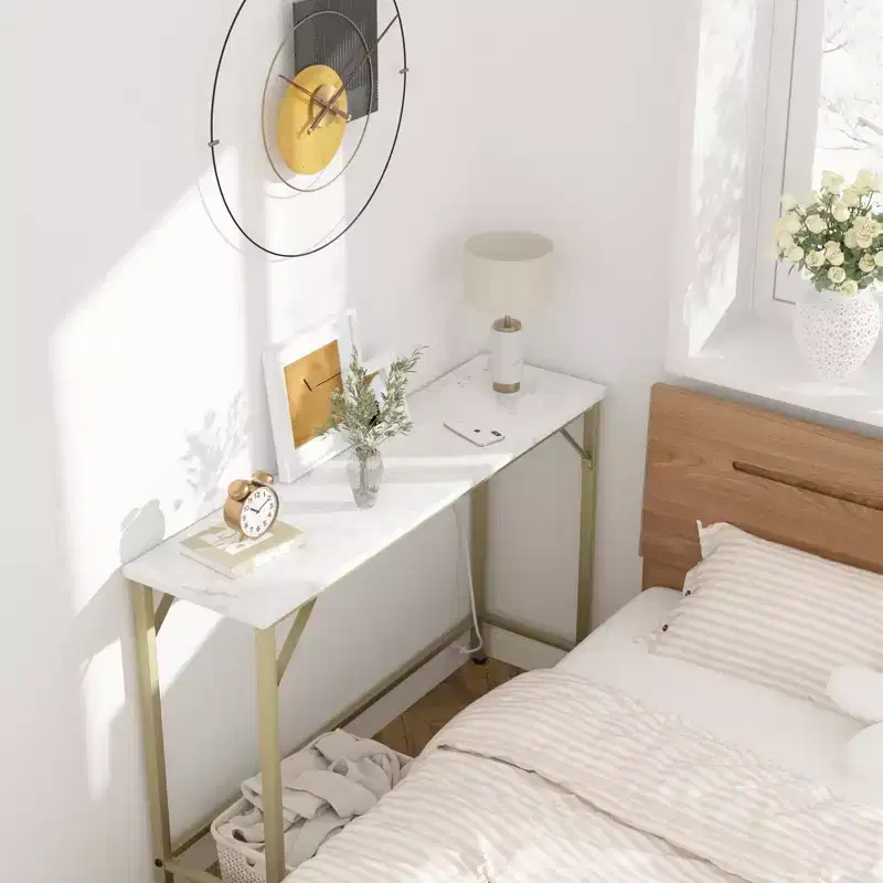 Narrow Console Table, Golden Sofa Table with Outlets, Behind Couch Table for Living Room, Hallway Table for Entryway