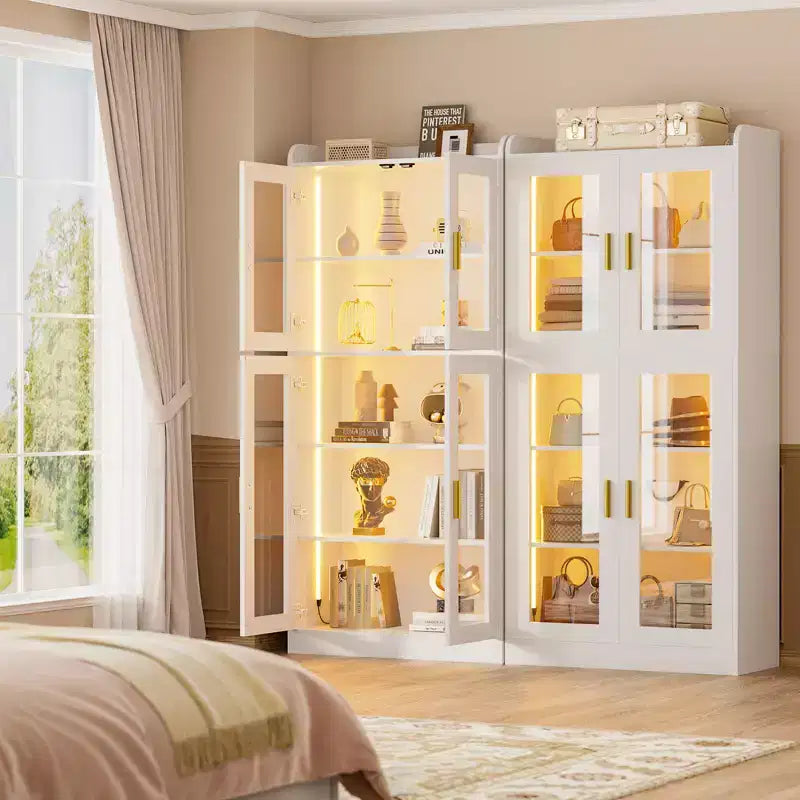 Besiost 5-Tier Display Cabinet with Storage Shelves and Glass Doors, Tall Bookcase with Led Lights