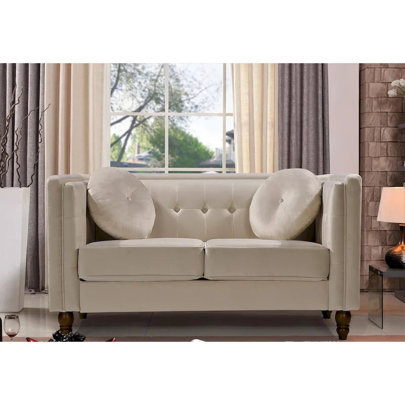 Crushed Velvet Loveseat with Button-Tufted Back and Bolster Pillows