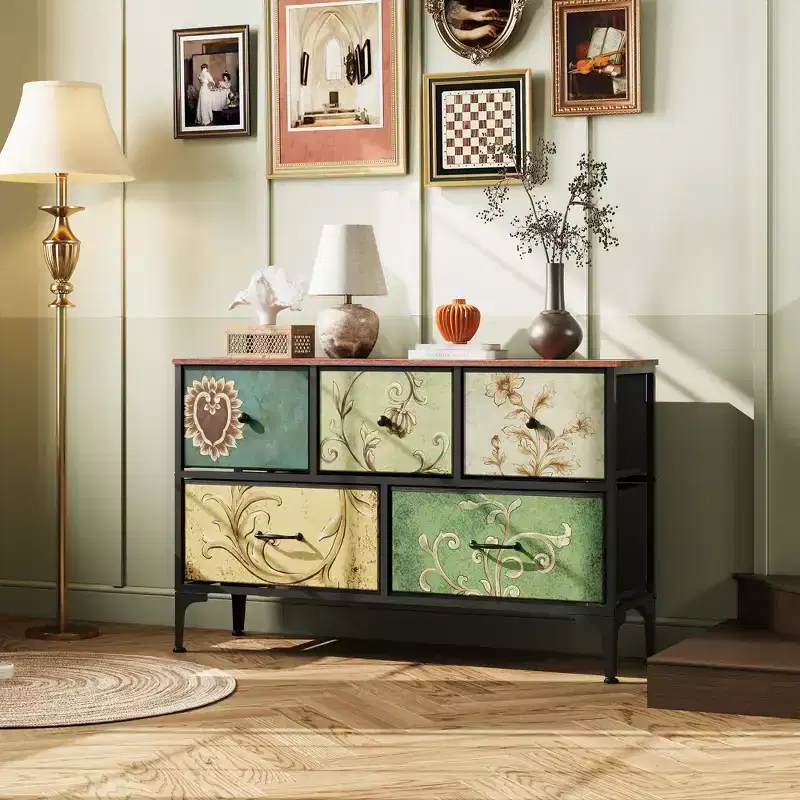 5-Drawer Wide Fabric Dresser Storage Organizer Unit, Chest of Drawers with Fabric Bins