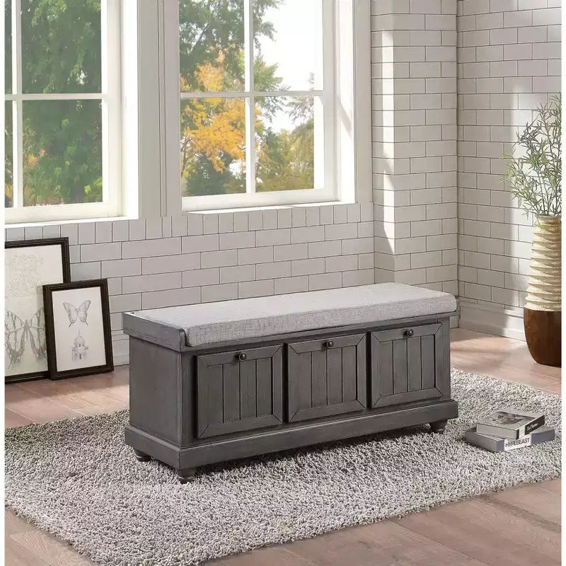 Retro Style Flip-Top Cushioned Seat Ottoman Bench with Storage, Solid Wood Storage Bench for Bedroom, Entrance