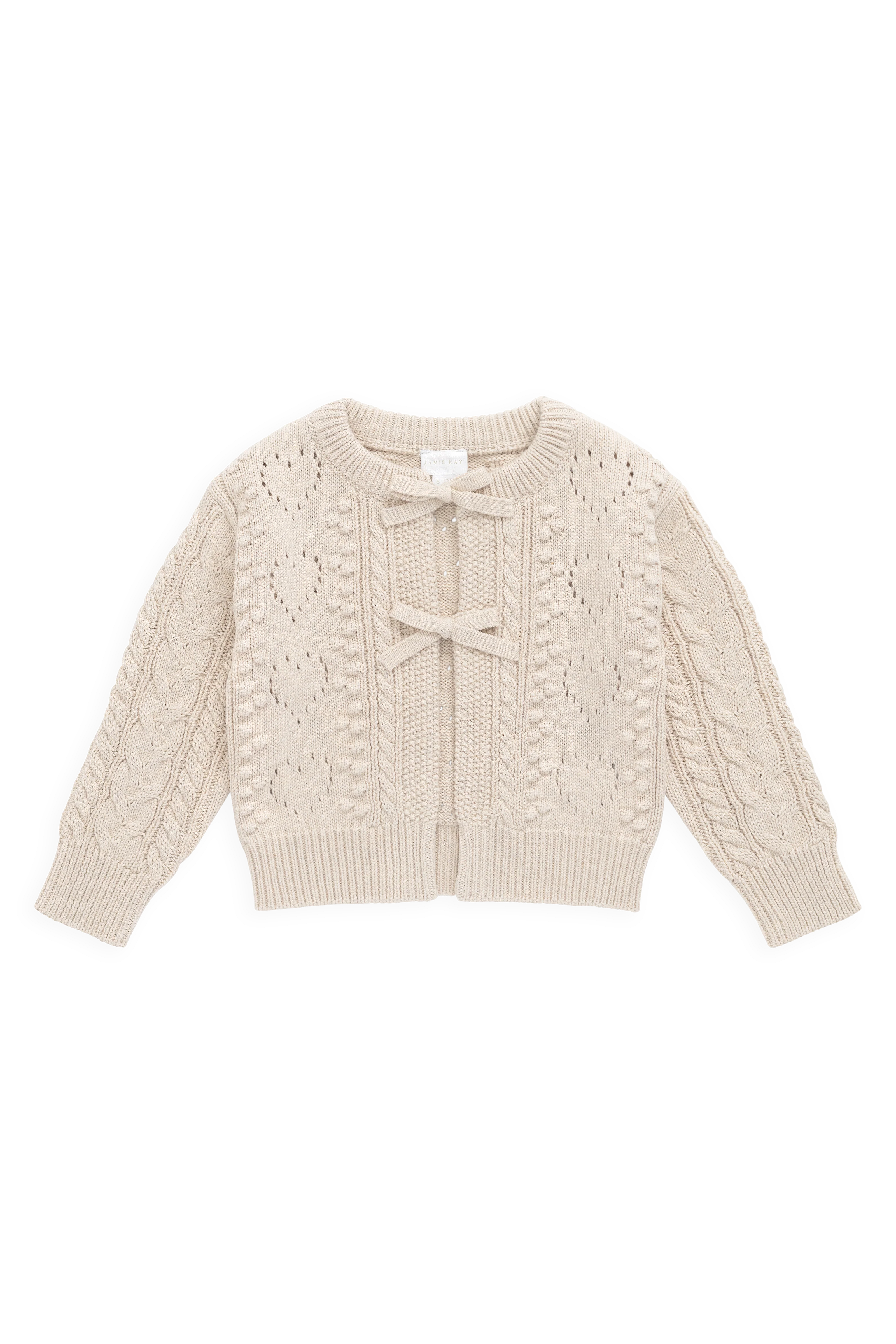 Light Oatmeal Cotton Knit Cardigan with Cable Knit Detail & Bow Accents