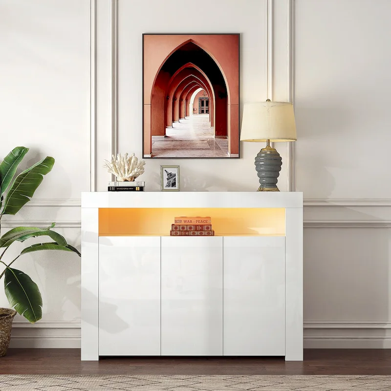 Black High Gloss with LED Light, Modern Kitchen Unit Cupboard Buffet Wooden Storage Display Cabinet TV Stand with 3 Doors