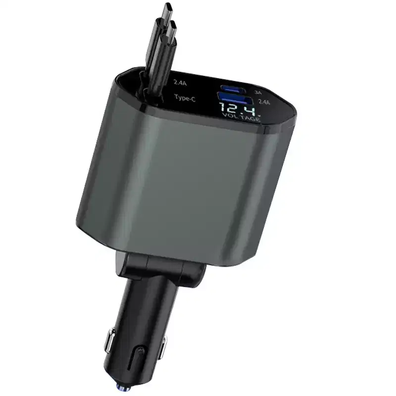 North 4-in-1 Retractable Car Charger with 2 USB-C Cables and Dual USB Ports