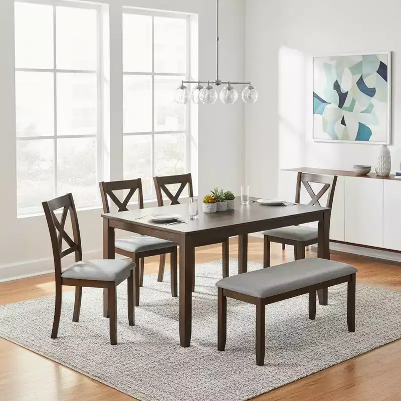 Homy Casa 6-Piece Wooden Dining Table Set with 4 Upholstered Chairs and Bench, Kitchen & Dining Room Furniture, Grey
