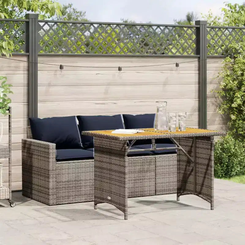 vidaXL Outdoor Patio Dining Set 2 Piece Poly Rattan Furniture w/Cushions  3-Seater Sofa & Acacia Wood Table - Gray/Navy Blue