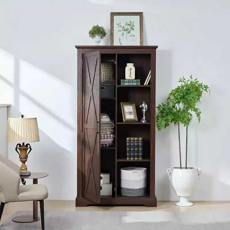 74 Tall Farmhouse Storage Cabinet, Rustic Engineered Wood Kitchen Pantry with Barn Door Style X-Door and Open Shelves - Panipeachy