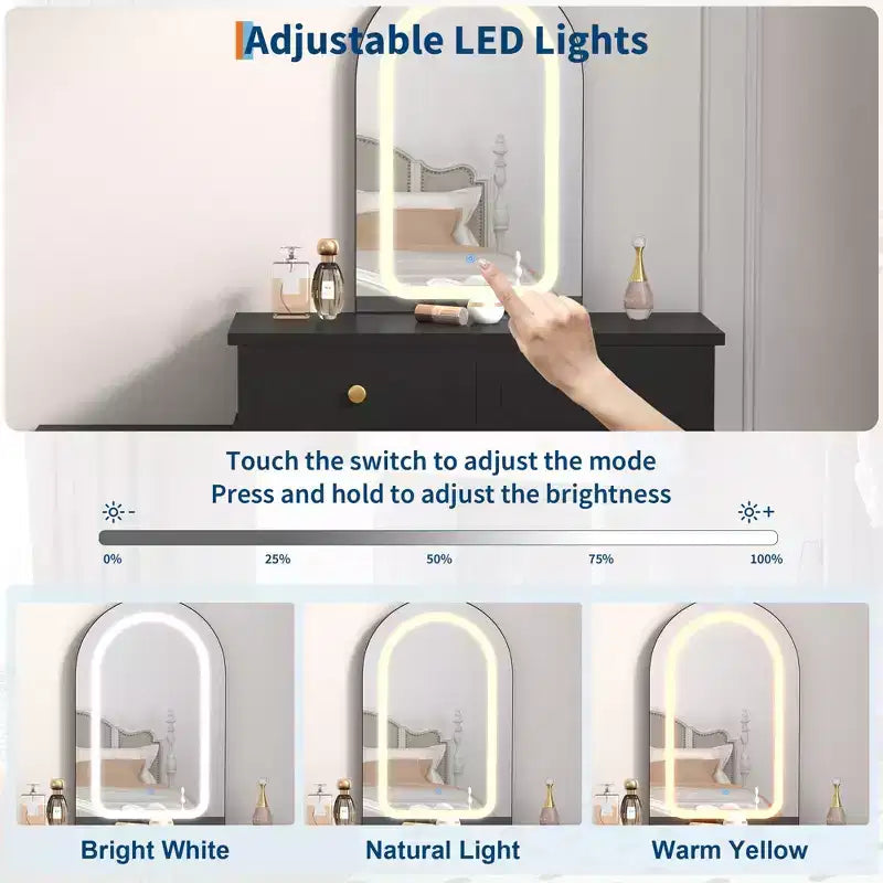Makeup Vanity Desk with Lights and Mirror, Modern Dressing Table with 2 Drawers & 3-Drawer Cabinet, Adjustable LED Lighting Wood Vanity for Bedroom