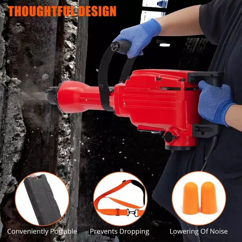 Jack Hammer, Electric Demolition Hammer  2200W Heavy Duty Concrete Breaker with Vibration Reduction Handle Carrying Case Gloves Earplugs