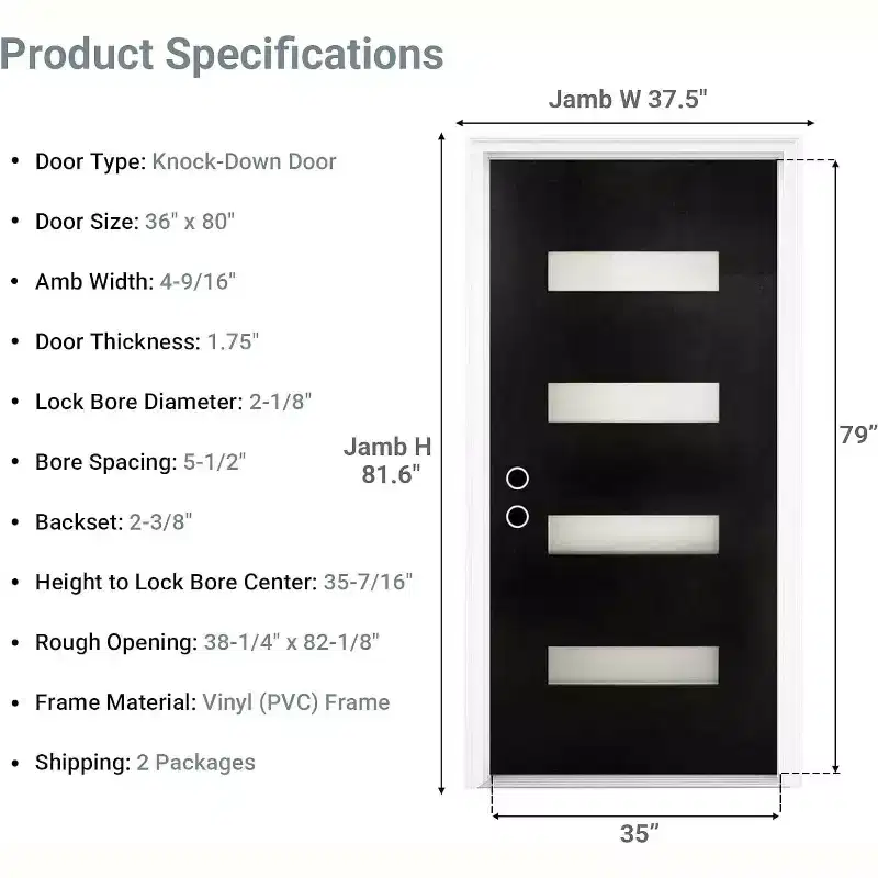 MooxvMoo 36x80 Inch Fiberglass Front Door with 4-9/16 Vinyl Frame, Right Hand Inswing, Knock-Down Entry Door for Home Entrance, Balck