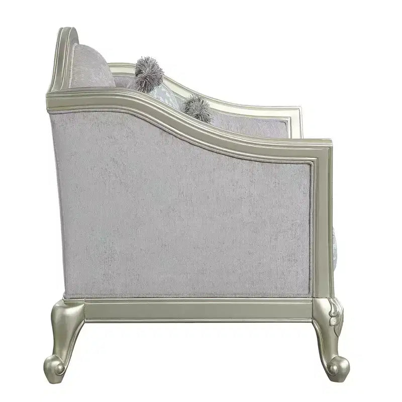 66" Qunsia Sofa Light Gray Linen & Champagne Finish - Acme Furniture: Leather Upholstery, Wood Frame, No Assembly Required