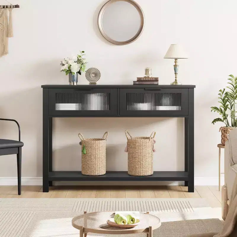 Acekool Rustic Farmhouse Console Table, 43 Wooden Sofa Table with 2 Glass-Front Drawers, 2-Tier Open Storage Shelf, Modern Accent for Hallway