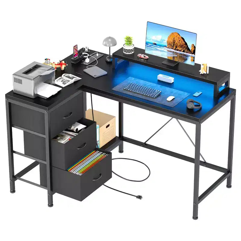 L-Shaped Corner Desk with RGB Lighting, Power Outlets, Drawers & Shelves