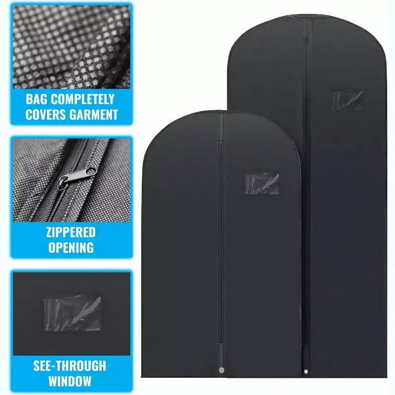 Plixio Garment Bags Suit Bag for Travel and Clothing Storage of Dresses, Shirts, Coats - Zipper and Transparent Window (Black - Mixed Sizes: 100 Pack)