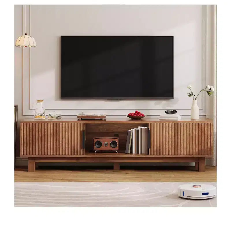 Fluted TV Stands for TVs up to 65 Inches, Entertainment Center with Power Outlets & Storage , Wooden TV Console for Living Room, Walnut