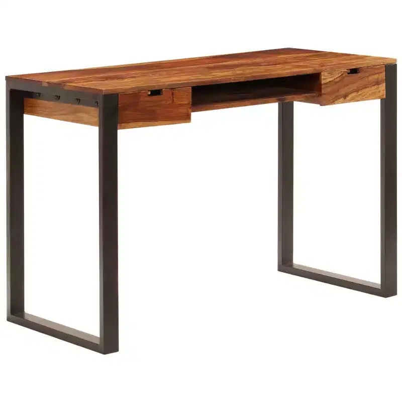 Industrial Writing Desk with 2 Drawers 鈥?Solid Acacia Wood & Powder-Coated Steel, 43.3Wx21.7Dx30.7H
