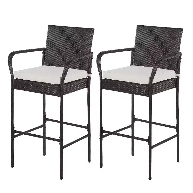 FDW Outdoor Bar Chairs Patio Bar Stools Set of 2 All-Weather Patio Furniture with Footrest Armrest & Cushion, Brown