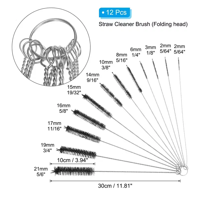 Unique Bargains Plastic Stainless Steel Wire Pipe Cleaning Elastic Straw Brush 1 Set of 12 Pcs