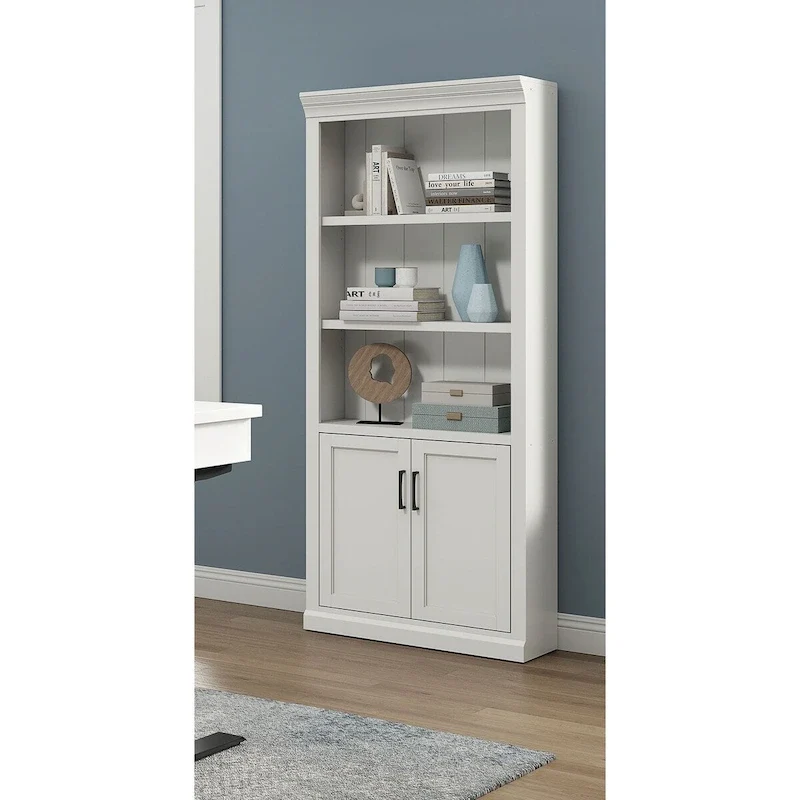 Modern Wood Lower Doors Bookcase with Storage, Fully Assembled, White