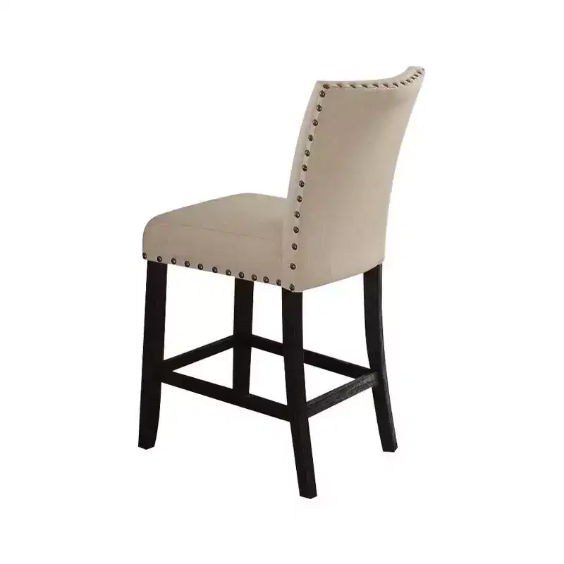 25" Set of 2 Nolan Counter and Bar Stools Beige Linen/Salvage Dark Oak Finish - Acme Furniture: Padded Seat, Nailhead Trim, Metal Frame
