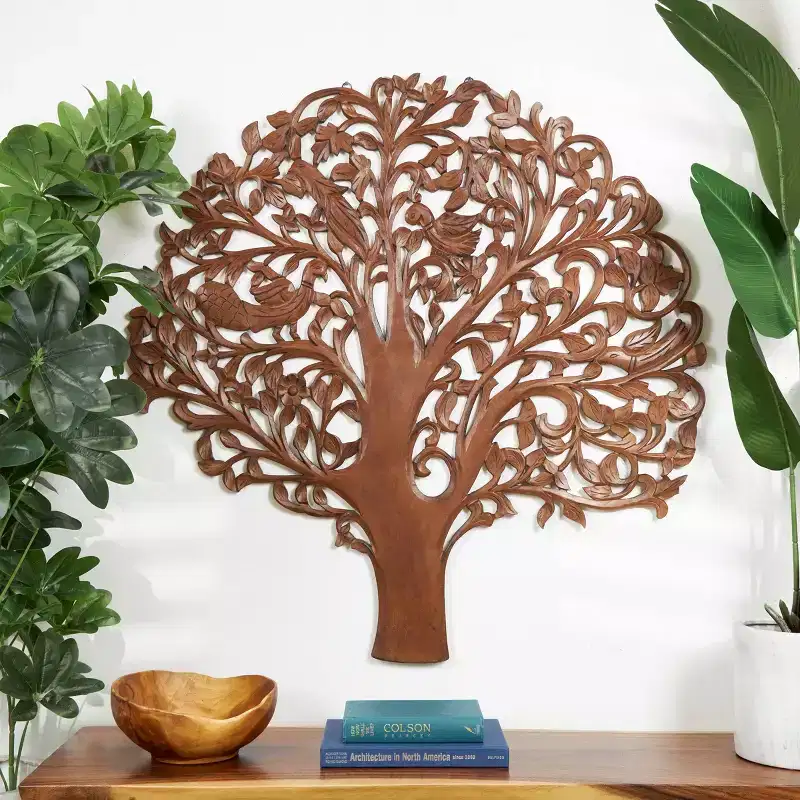 45"x43" Wooden Tree Carved Wall Decor with Bird Accents Brown - Olivia & May: Rustic MDF Artwork, Nature Theme