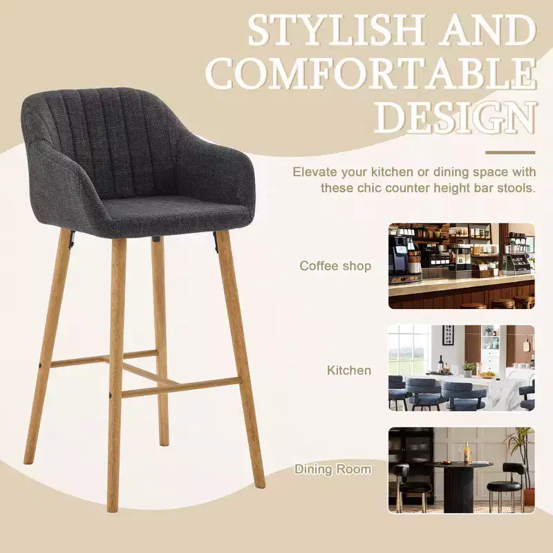Zeus & Ruta Modern Linen Upholstery Bar Stools Set of 2 with Back, Armrest & Wood Legs, Kitchen Island Height
