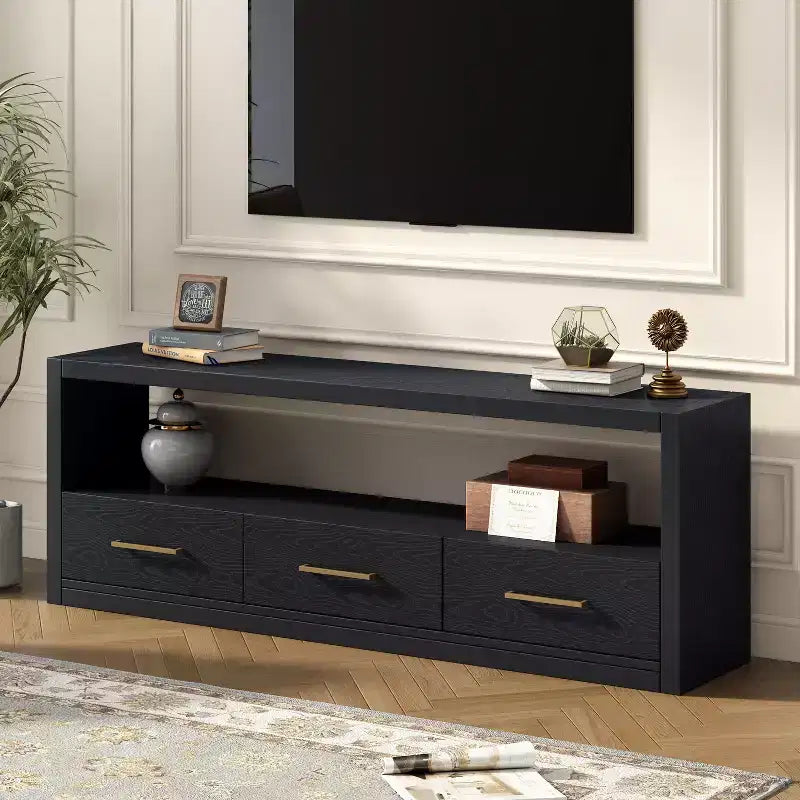 74W TV Stand TV Console Storage Cabinet Entertainment Center Sideboard with 3 Drawers and Open Shelf, Brown/Black/Gray- Christopher Knight Home