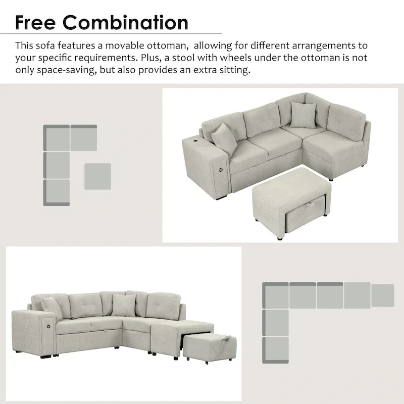 L-Shaped 4-Seat Sectional Sofa with Pull-Out Bed, Ottoman, USB Ports & Drop-Down Table