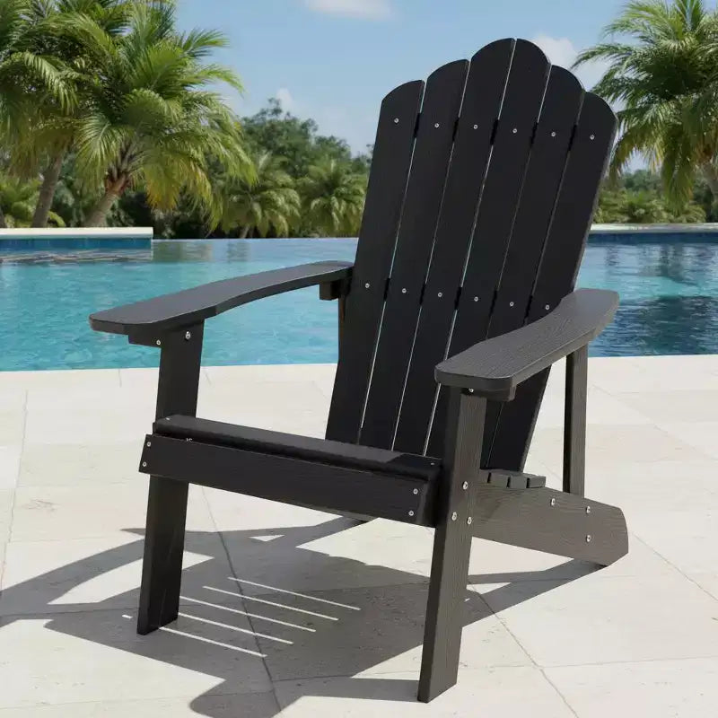 Gymax Outdoor Patio Adirondack Chair Made of Durable HIPS Material with Built-in Cup Holder Weather-Resistant and Supports Up to 380lbs Black/Teak