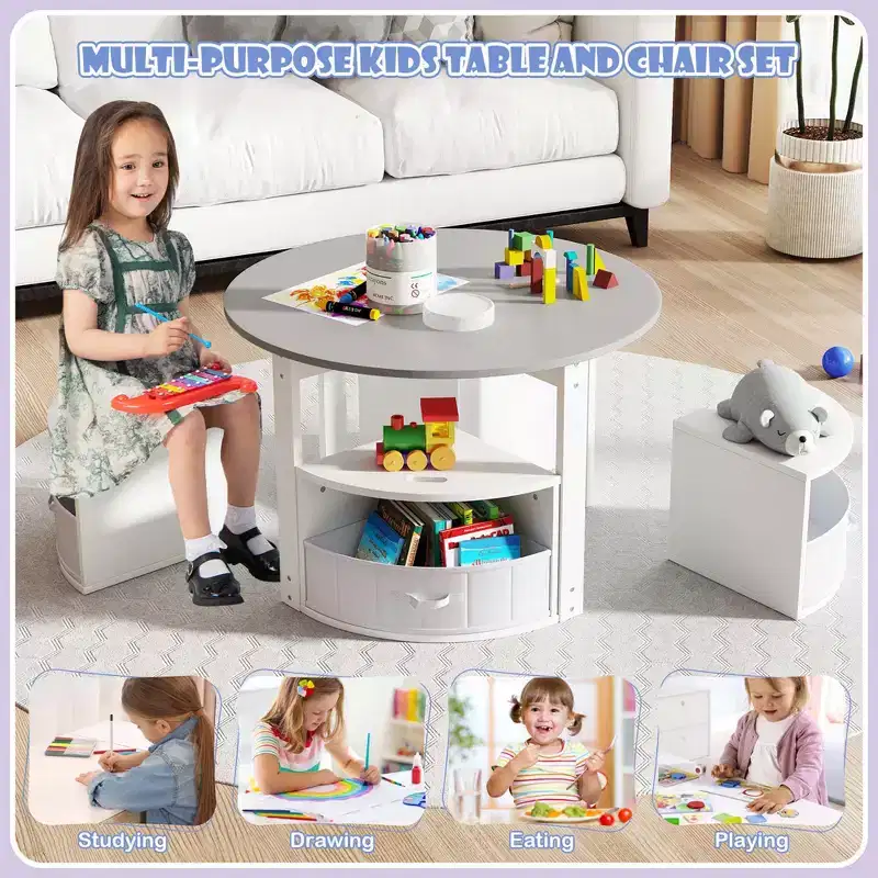 Costway 5 Piece Kids Play Table and Chairs Set Round Nesting Table Toddler Furniture Gray/Natural