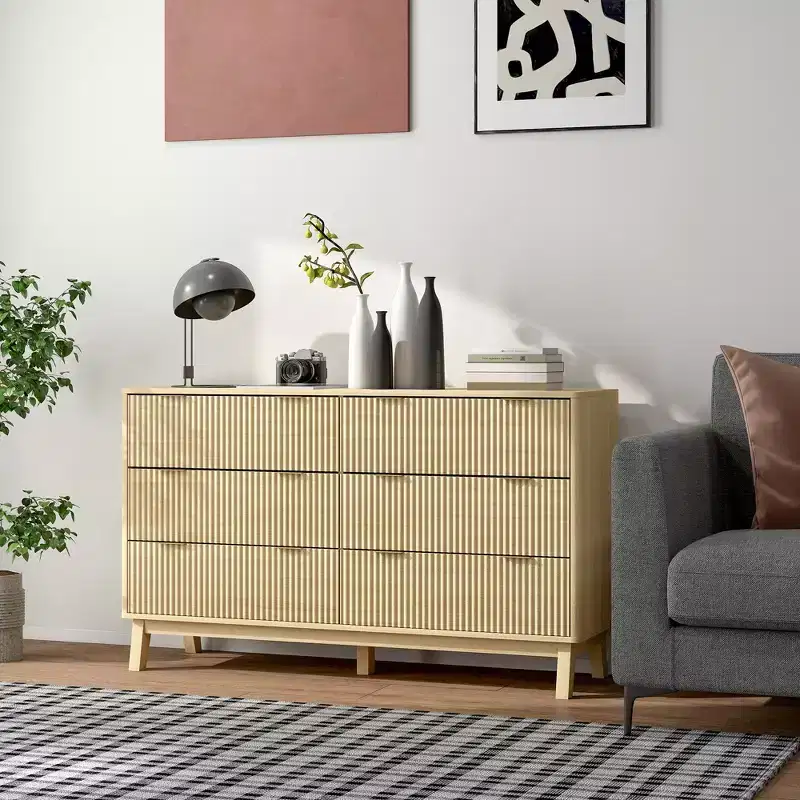 HOMCOM Fluted Dresser for Bedroom with 6 Drawers, 54 Wide Chest of Drawers with Gold Finger Pulls and 5 Wood Legs