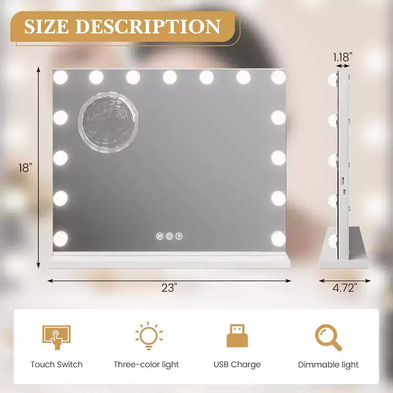 23x18 Vanity Mirror with Lights, 15 LED Bulbs & 3 Color Modes, Lighted Makeup Mirror with Magnification, USB & Type-C Ports