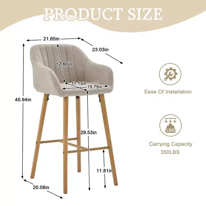Zeus & Ruta Modern Linen Upholstery Bar Stools Set of 2 with Back, Armrest & Wood Legs, Kitchen Island Height