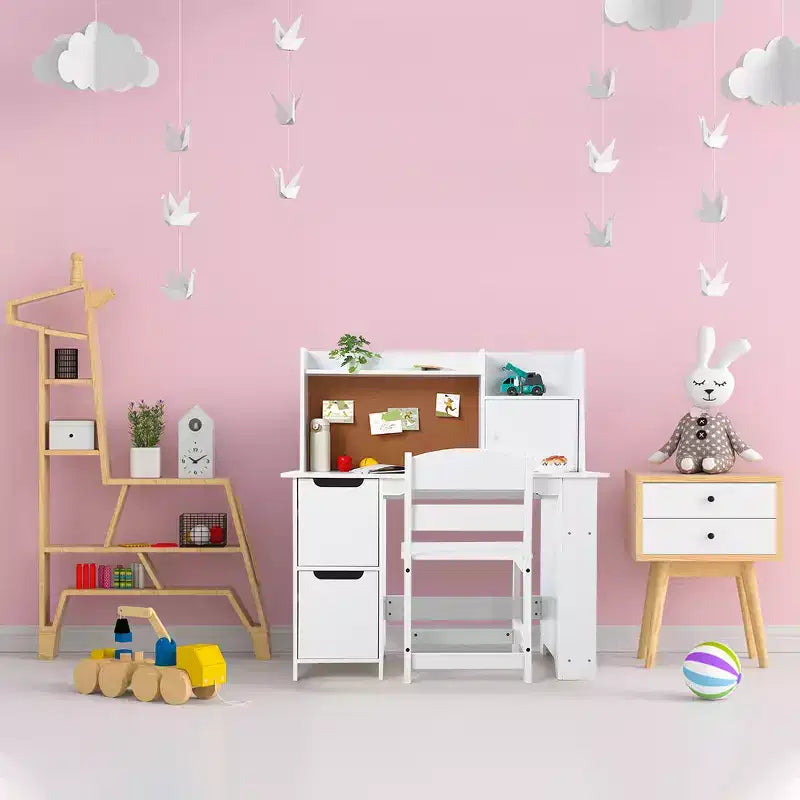 Wooden Kids Desk & Chair Set with Storage Shelf & Bulletin Board - White Study Table Durable Writing Desk for Ages 3+