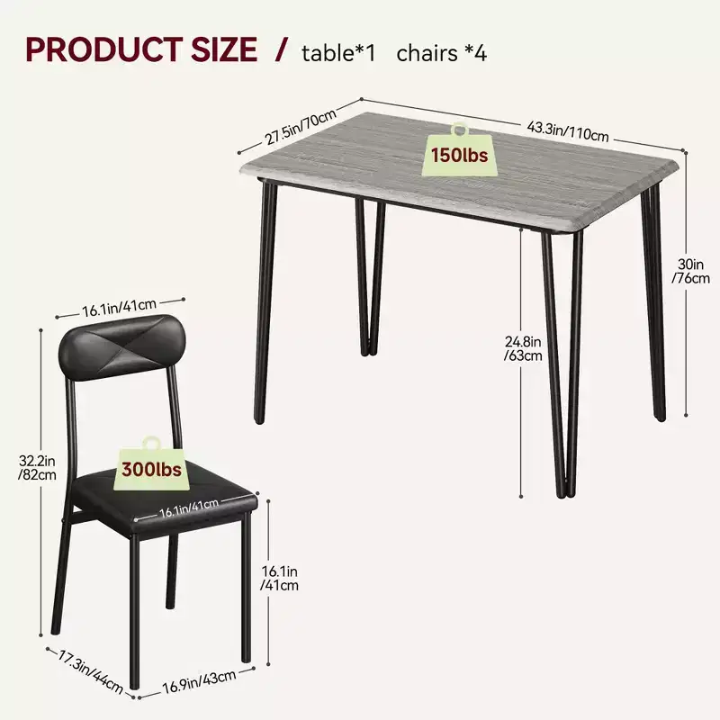 Dining Table Set for 4, Small Square Kitchen Table and 4 Upholstered Chairs, 5 Piece Modern Wooden Table with 4 Chairs