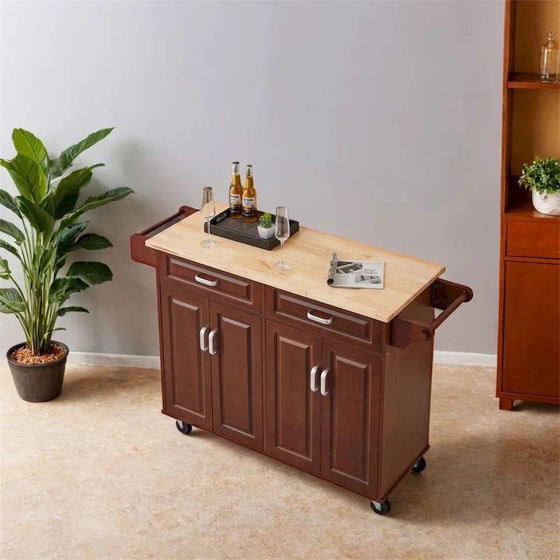 Brown Rolling Kitchen Island Cart with 2 Drawers Open Shelves and Casters