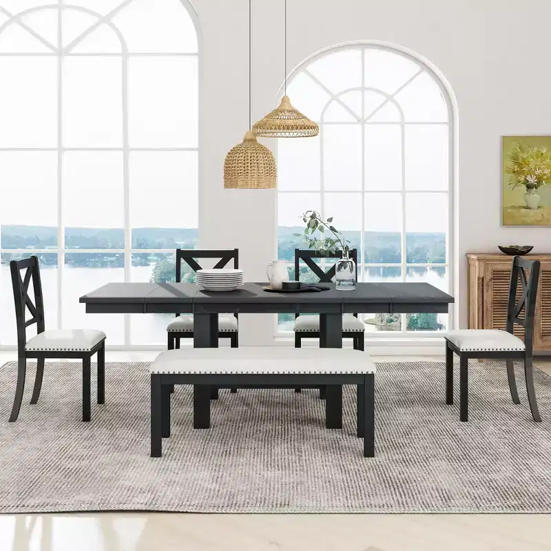 HABITRIO 6 Piece Extendable Dining Table Set for 6, Farmhouse Dining Set with 4 Upholstered Dining Chairs, Bench & 2 Removable Leaves, Natural/Black