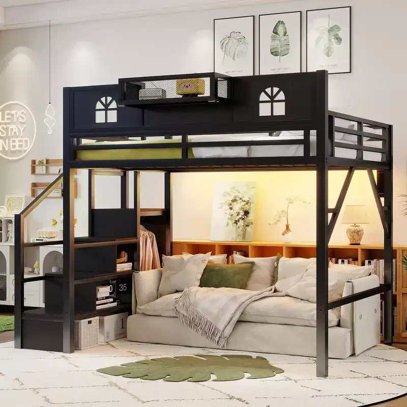 Metal Full Size Loft Bed with Stairs, House-Shaped Guardrails & Wardrobe for Kids & Teens