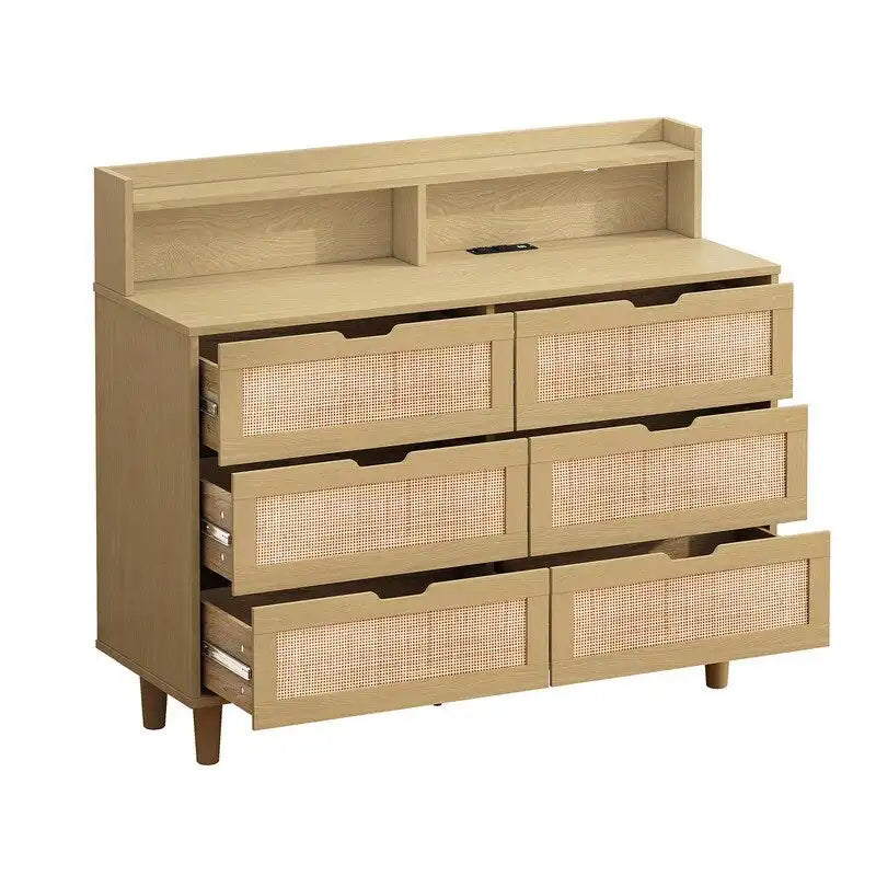 Bohemian Rattan 6-Drawer Sideboard Buffet with Adjustable LED Lights & Power Outlet