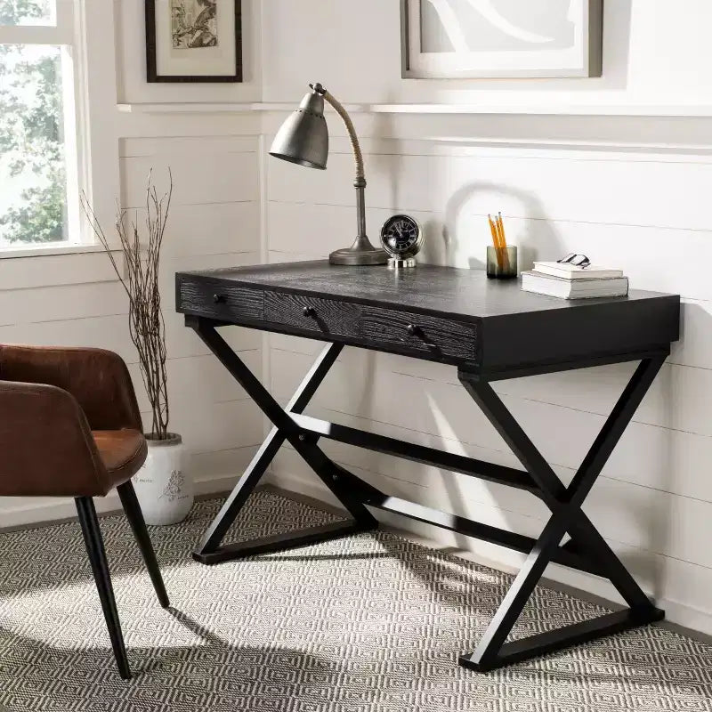 Weathered Black Writing Desk with Drawer, Fir Wood & MDF, Home Office Study Desk