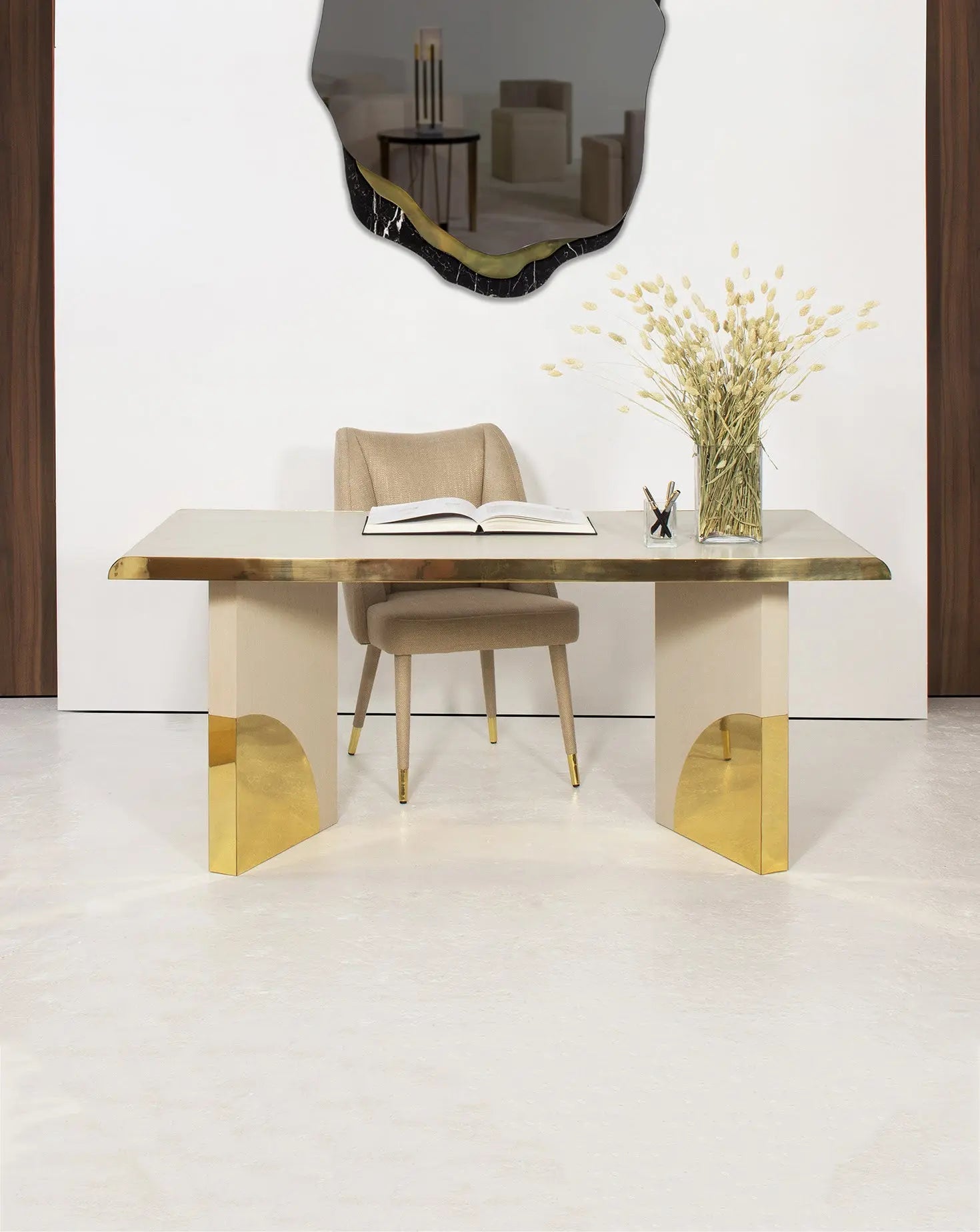 Cream Oak Polished Brass Architectural Writing Desk