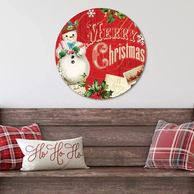 Merry Christmas Snowman Circular Wood Dcor