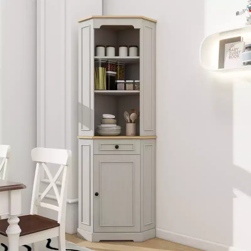 AndMakers Antique White Wood 17.71 in. Pantry Cabinet with 5 Shelves