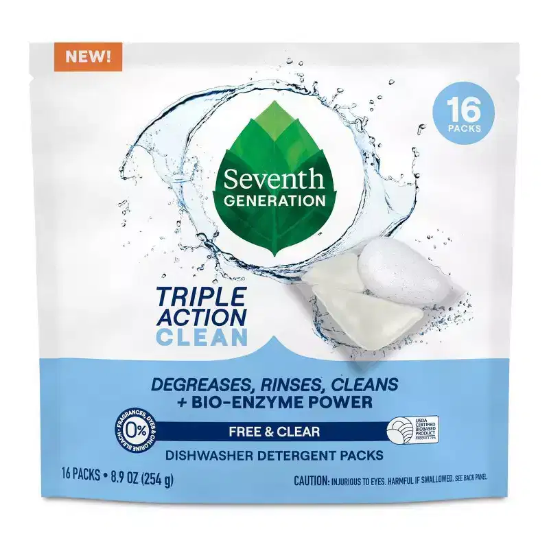 Seventh Generation Triple Action Clean Dishwasher Detergent Packets - 16ct: Unscented, No Fragrance Added, Dye-Free, Bleach-Free