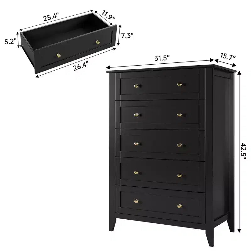 5 Drawer Dresser for Bedroom - Tall Modern Wooden Chest with Deep Drawers & Metal Knobs for Entryway Hallway