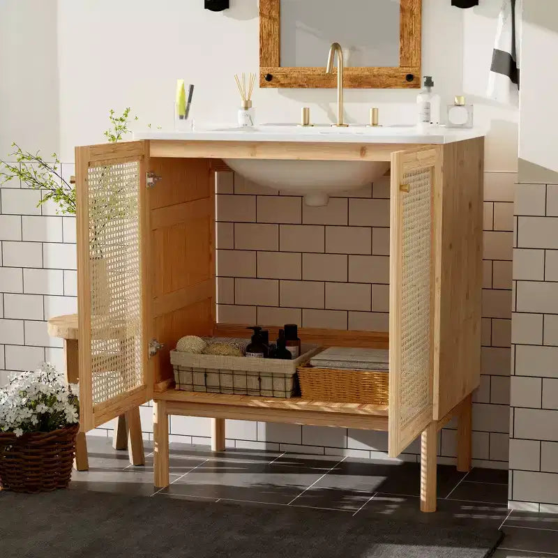 JVNOXK 30-inch bathroom vanity, natural materials, featuring handcrafted rattan doors with soft-close mechanism, overflow drain, wood