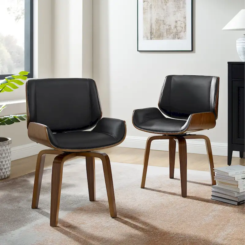 Swivel Wooden Upholstered Dining Chairs Set of 2 – Faux Leather, Mid-Century